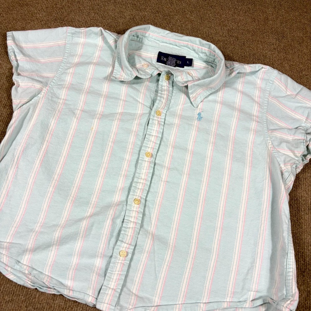 Ralph Lauren Shirt Women L Blue Striped Embroidered Logo Cap Sleeve Button Front